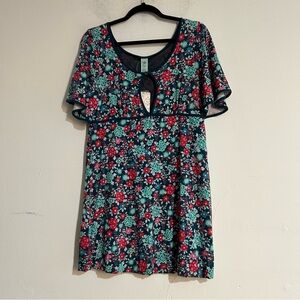 Free People Y2K Bright Floral Short Sleeve Cut Out Mini Dress Large Retro Boho